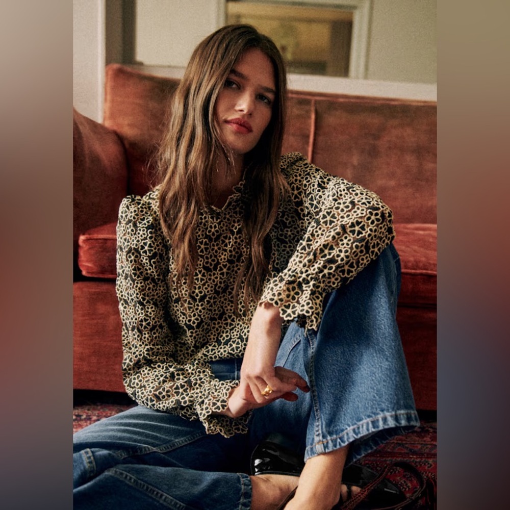 Sezane Black and Cream Floral Lace Blouse